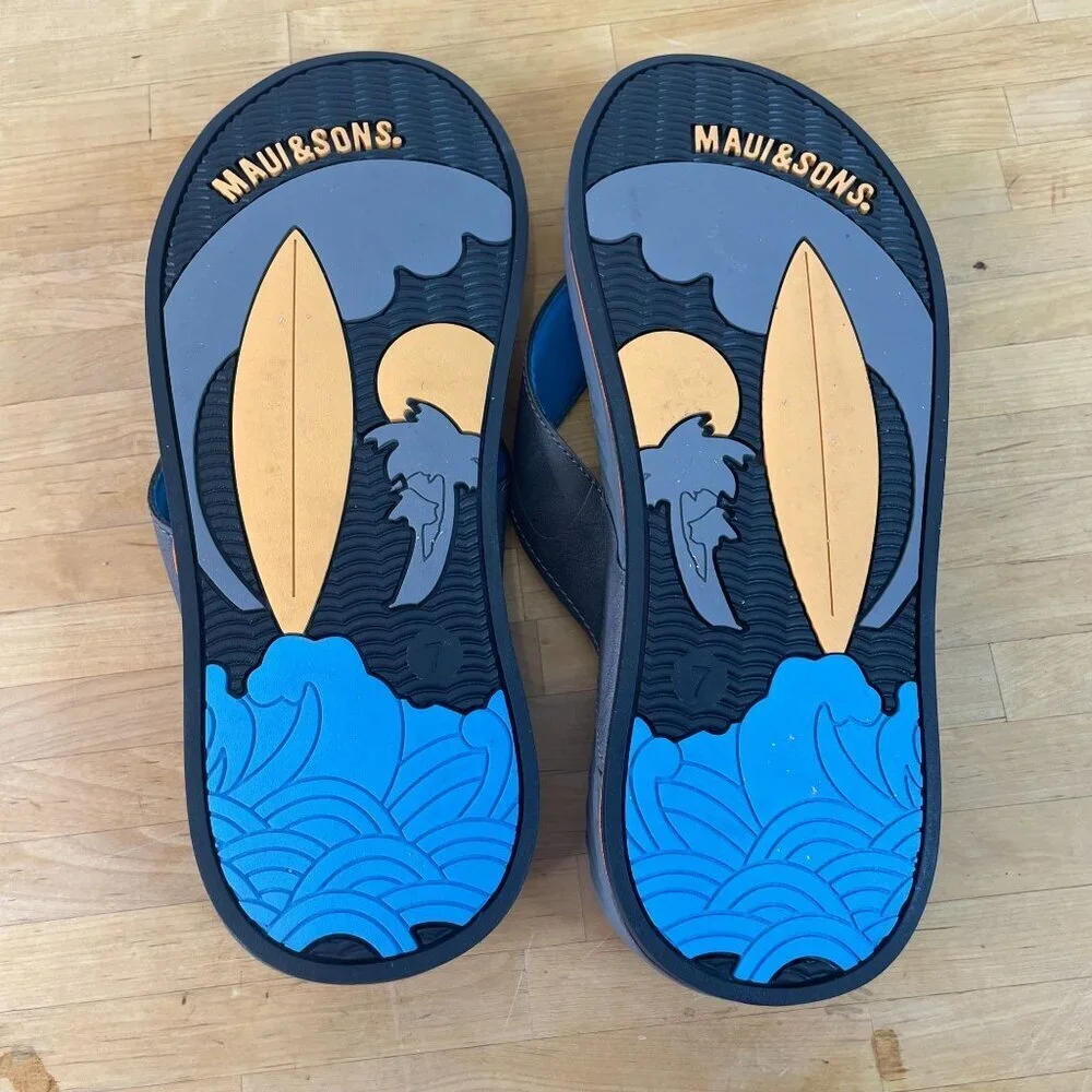 Maui & Sons Men's Size 7 Flip Flops Comfortable Beach Sandals Brown straps
